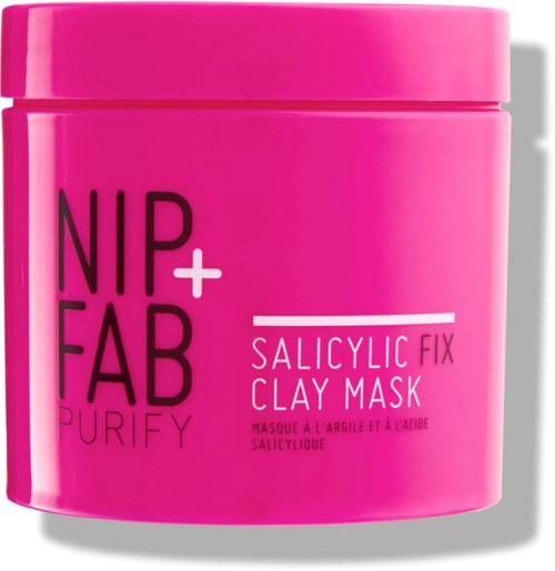 Roze container voor een salicylische kleimasker, gemerkt Nip+Fab Purify.