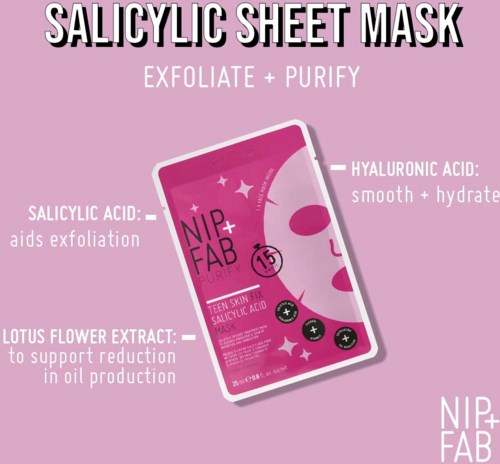 Een roze verpakking voor een sheetmasker met label 'Salicylic Sheet Mask', met ingrediënten en voordelen.