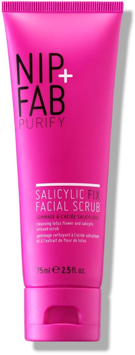 Een roze tube Nip+Fab Purify Salicylic Fix Facial Scrub, 75 ml. Tekst op de tube benadrukt het doel voor huidreiniging.