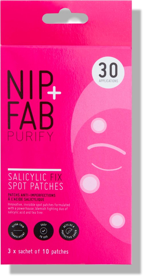 Roze verpakking voor Nip+Fab Purify salicylzuur pleisters, bevat 30 pleisters, voor acnébehandeling. Futuristisch ontwerp.