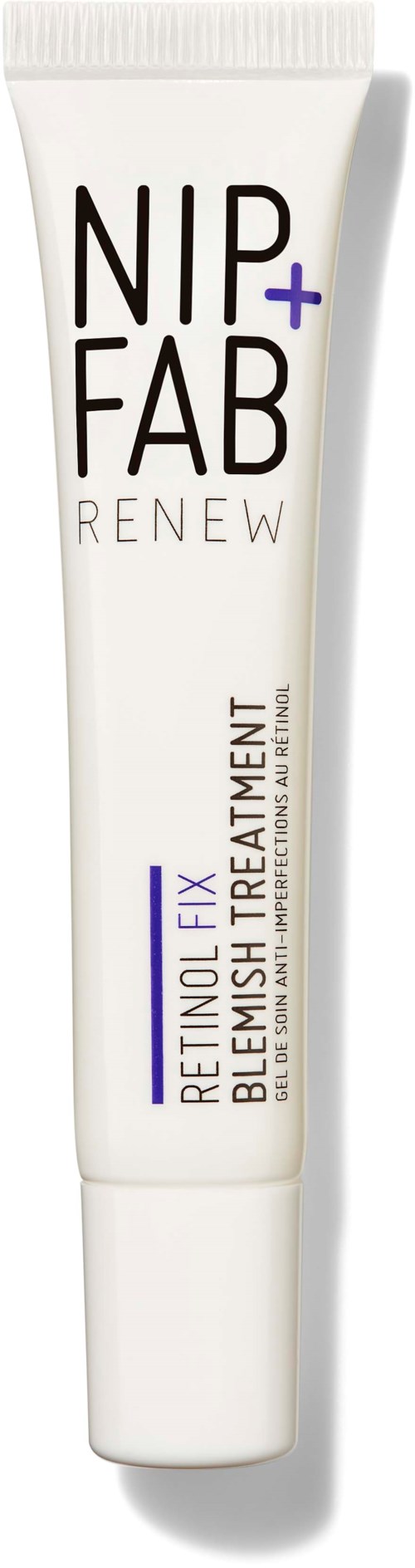 Een witte tube met 'NIP+FAB RENEW' label, met zwarte en paarse tekst voor retinol acnebehandeling.