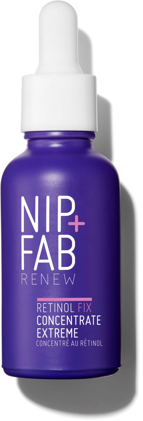 Een paarse fles met een witte pipetdop, gelabeld Nip+Fab Renew Retinol Fix Concentrate Extreme.