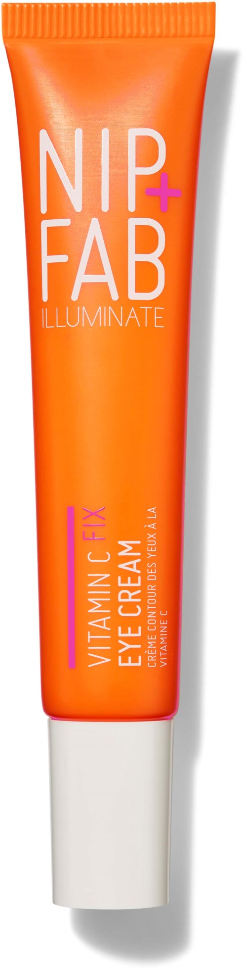 Oranje tube met witte dop, genaamd Nip + Fab Vitamin Fix Eye Cream, voor oogverzorging.