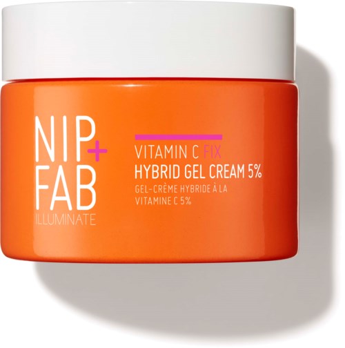 Oranje pot met witte deksel, toont huidverzorgingsproduct met tekst en merk, benadrukt vitamine C en hydratatie.