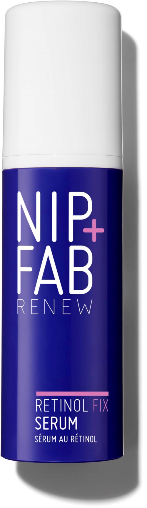 Een witte en blauwe fles Nip+Fab Retinol Fix Serum voor huidvernieuwing en anti-aging.