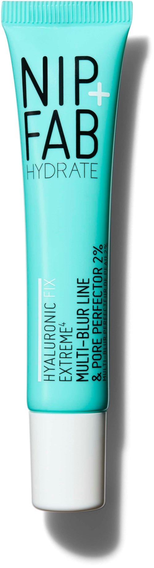 Een turquoise tube met huidverzorgingscrème gelabeld NIP+FAB HYDRATE en hyaluronzuur, bedoeld voor hydratatie.