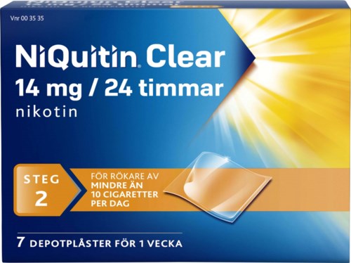 Blå låda med gul solstråledesign, text om nikotinpilar, steg för att hjälpa rökare att sluta, och 7 plåster för en vecka.