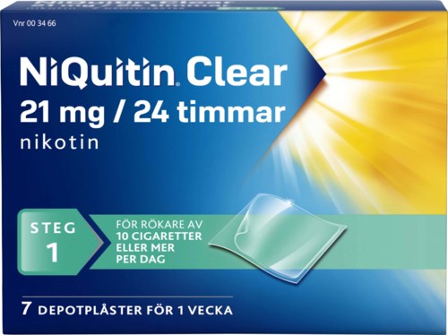 Blå box visar nikotintatueringar, 21 mg, för 24 timmar, med instruktioner för rökare att använda en plåster per dag.
