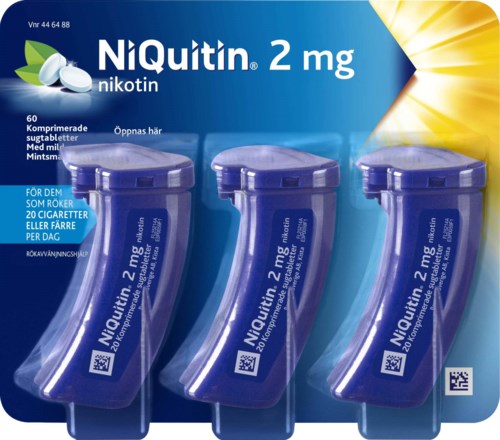 Tre blisterförpackningar med NiQuitin 2 mg nikotinpastiller för rökavvänjning.