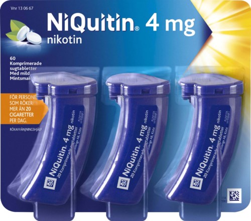 Tre blå nikotin inhalatorer på ett blisterpaket, märkta med varumärket NIQuitin, 4 mg, och en ljus gul bakgrund.