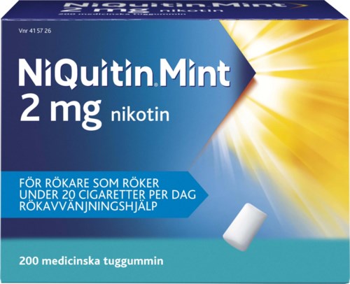 En förpackning nikotintuggummi med blå och gul design, visar 200 stycken och en vit tuggummi.