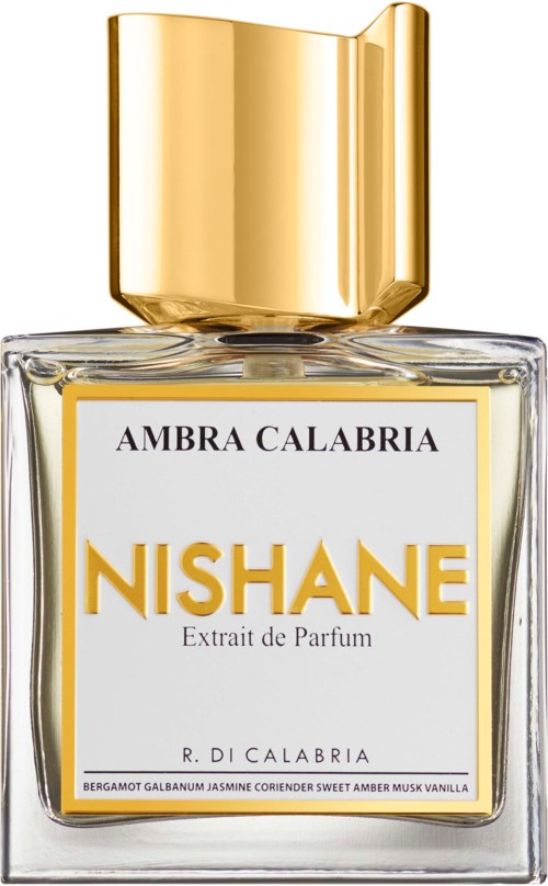 Een parfumfles met een gouden dop, wit etiket en gouden accenten, genaamd Nishane Ambra Calabria.