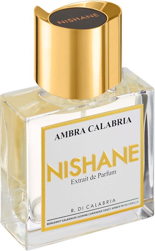 Een parfumfles met 'Nishane'-label, gouden dop, doorzichtig glas, wit en goud etiket, en zwart bovenstuk met 'Nishane'.