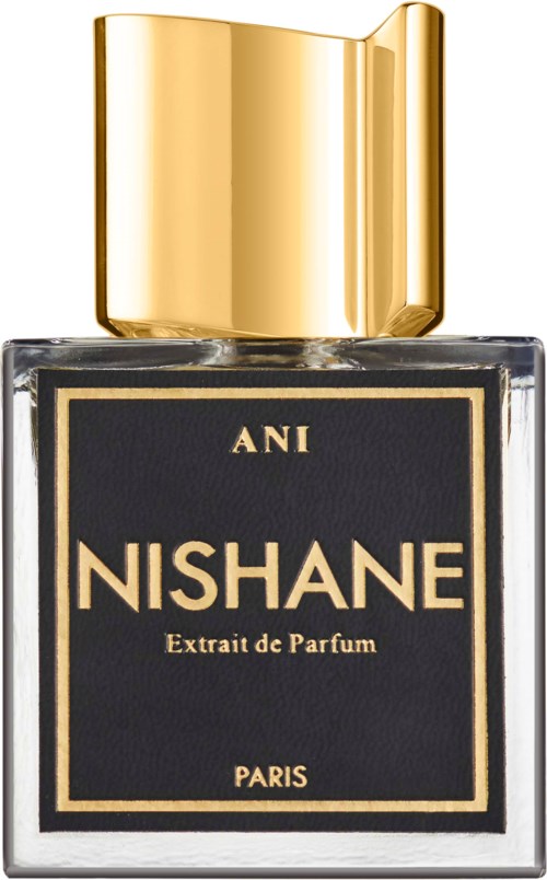 Een parfumfles met een zwart label, gouden dop, en de woorden 'NISHANE' en 'Paris'.