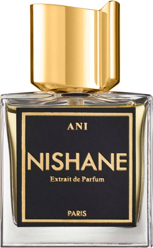 A perfume bottle with a black label and gold caps, labeled Nishane and from Paris.