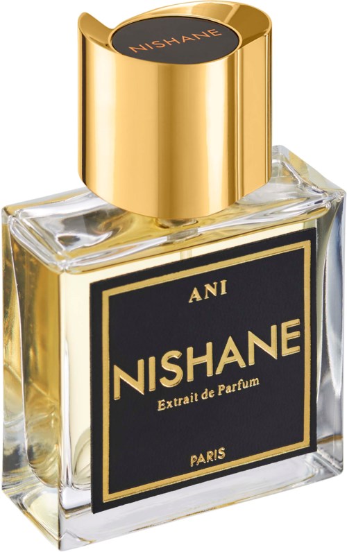 A perfume bottle with a clear glass body, a black and gold label, and a gold cap labeled 'NISHANE'.