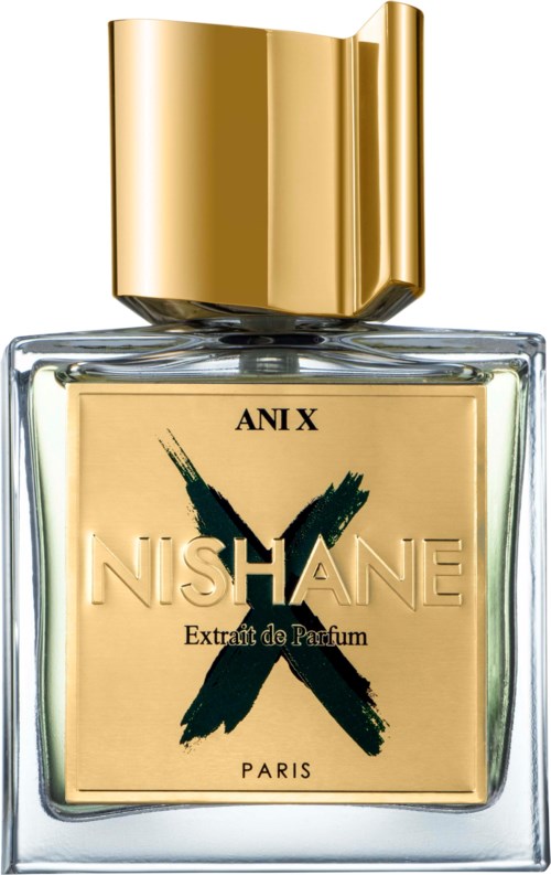 Een parfumfles met een gouden dop en etiket met een zwart en groen kruis, en tekst over parfum.