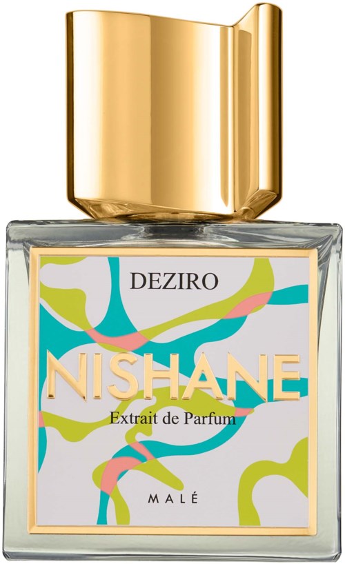 A perfume bottle with a colorful, abstract label and a shiny gold cap.