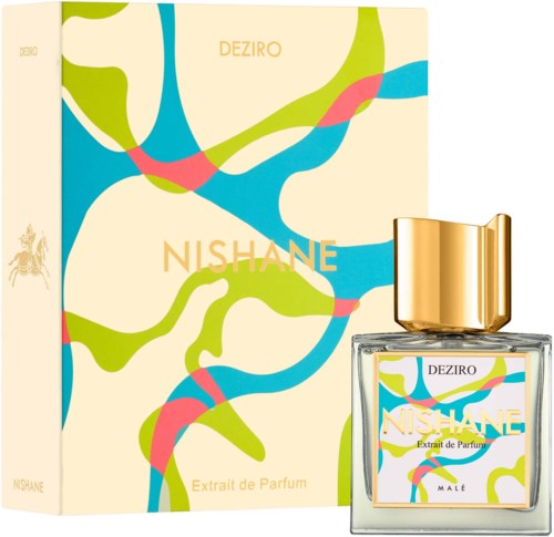 A decorative perfume box with colorful abstract lines and a perfume bottle with a label matching the box design.