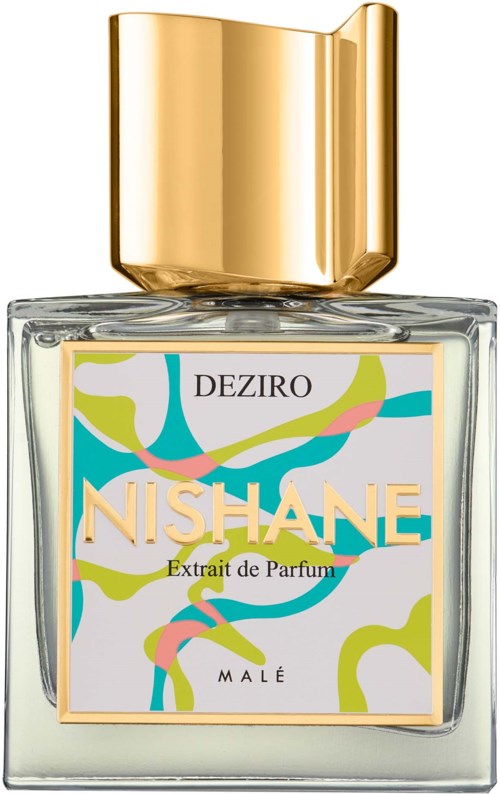 Hajuvesipullo, jossa kultainen korkki ja värikäs abstrakti etiketti, nimeltään Nishane Extrait de Parfum.