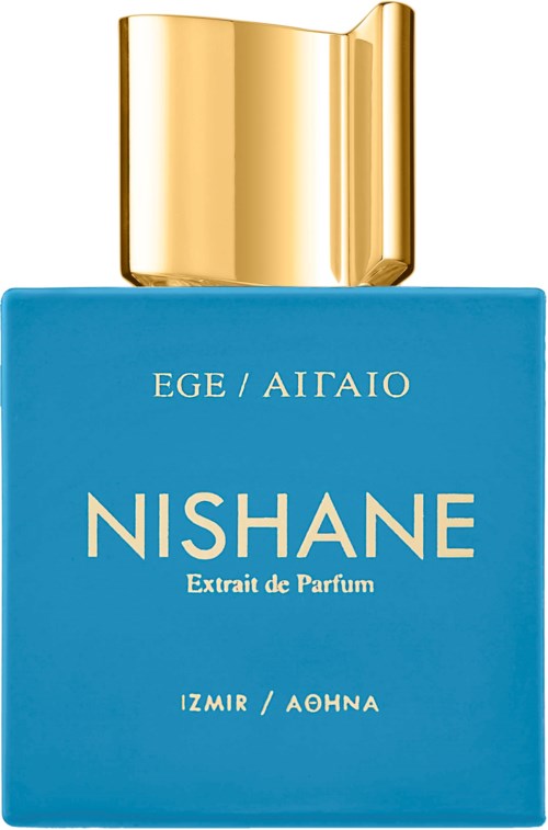 A blue perfume bottle with a gold cap labeled Nishane, with the text in white and gold.