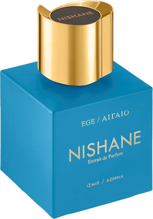 Blue perfume bottle with a gold cap, labeled 'NISHANE' and 'Extrait de Parfum,' indicating luxury scent.