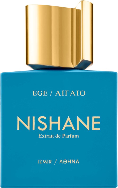 Een parfumfles met een blauw label en een gouden deksel, met de naam Nishane en details over ingrediënten en locatie.