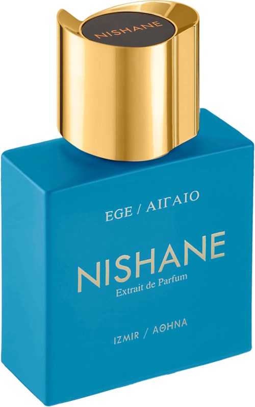 Een blauw parfumflesje met een gouden deksel en de merknaam Nishane.
