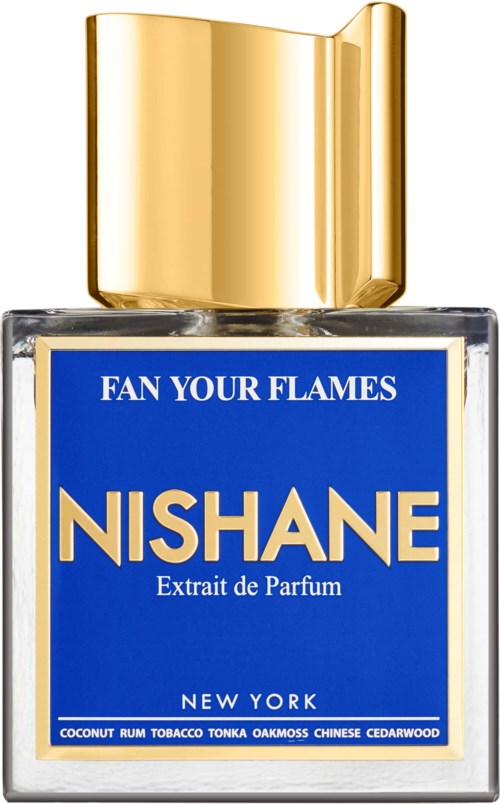A perfume bottle with a blue label, gold cap, and text promoting fiery passion and exotic scents.