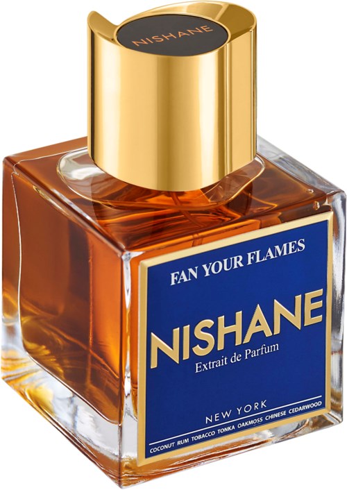 A perfume bottle with a gold cap and a blue label, containing amber-colored fragrance liquid.