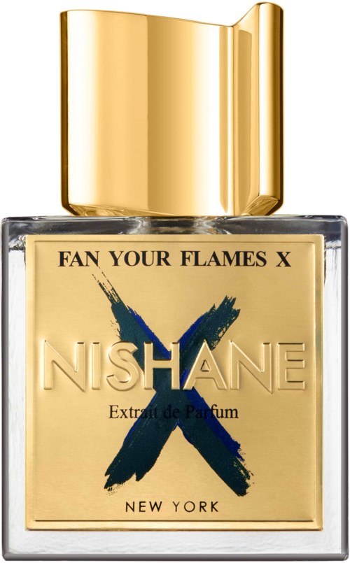 Een parfumfles met een gouden dop, genaamd "NISHANE" en "Fan Your Flames X" met een "X"-ontwerp.