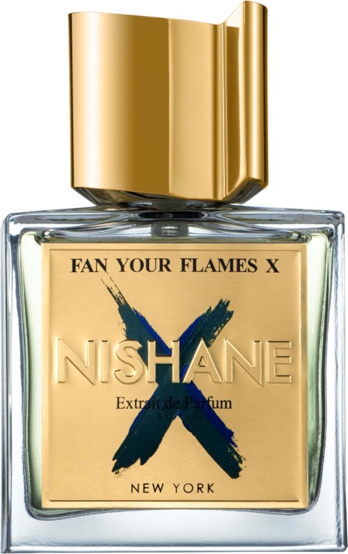 A perfume bottle with a gold cap, labeled "NISHANE" and "FAN YOUR FLAMES X" in black text.