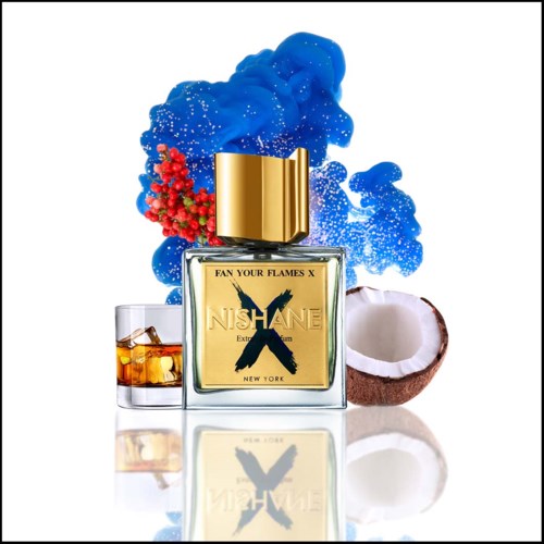 A perfume bottle with a gold cap, blue smoke, coconut, honey, and red berries around it.