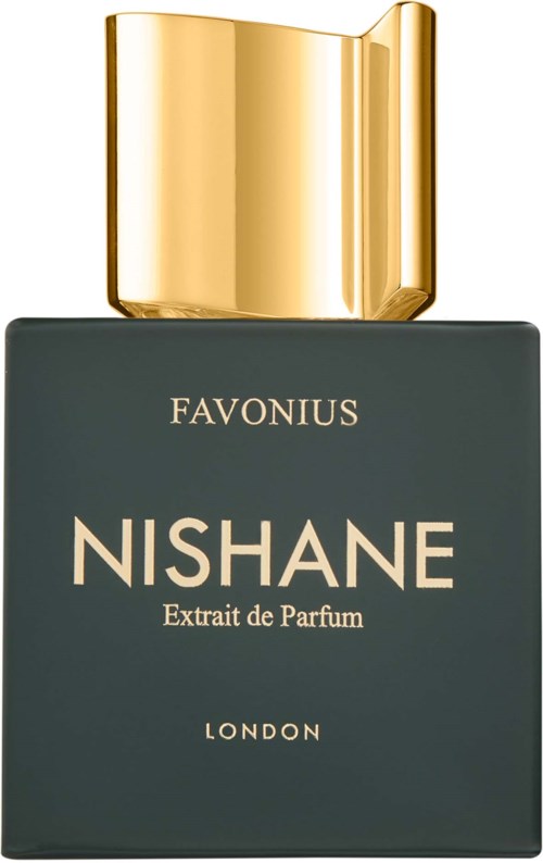 CostumePerfumea, jossa tummanvihreä pohja ja kiiltävä kultainen korkki, nimeltään Nishane Extrait de Parfum Lontoosta.