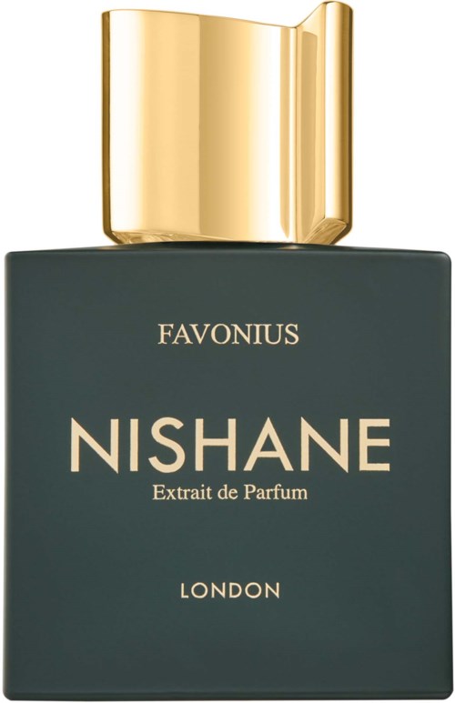 Hajuvesipullo, jossa musta runko ja kultainen korkki, nimeltä Nishane Extrait de Parfum Lontoosta.
