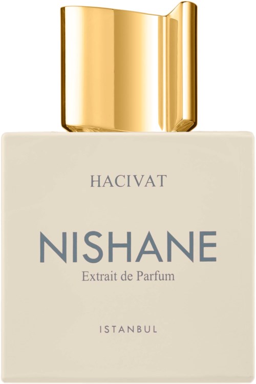 Een parfumfles met een witte basis, gouden dop en label met de woorden Nishane en Istanbul.