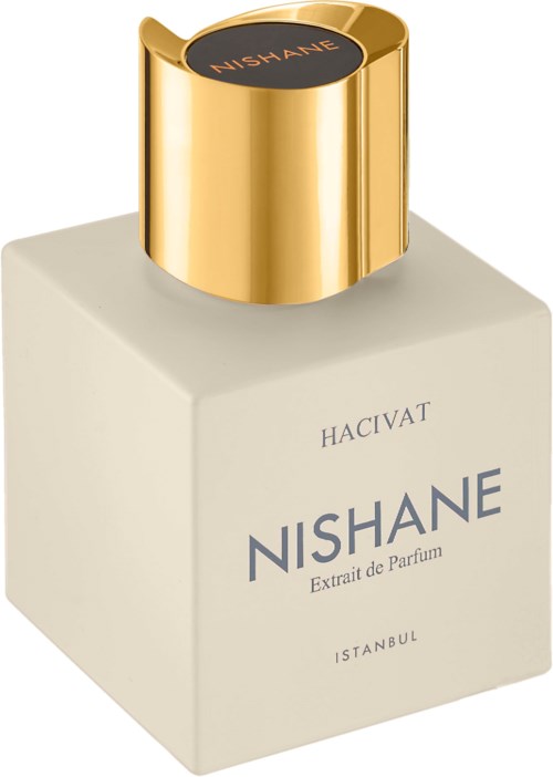 Een witte parfumfles met een gouden dop en label met de tekst 'NISHANE Istanbul Extract de Parfum.'