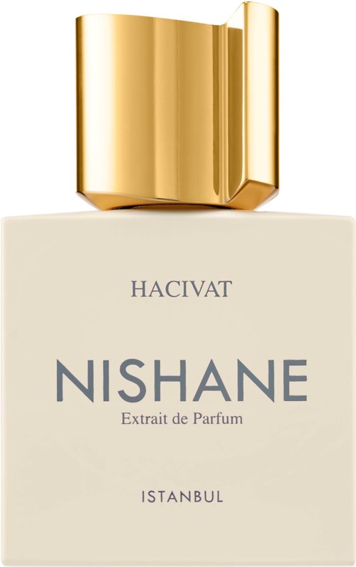 Een wit parfumdoosje met gouden dop en paarse tekst met 'NISHANE', 'HACIVAT' en 'ISTANBUL'.