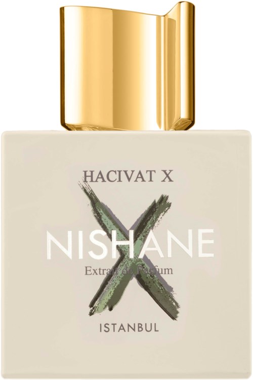 Een parfumfles met een witte etiket en een gouden dop, met het merk Nishane en de naam Hacivat X.
