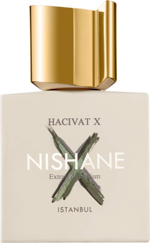 A perfume bottle with a white base and a gold cap, labeled Nishane Hacivat X Istanbul.