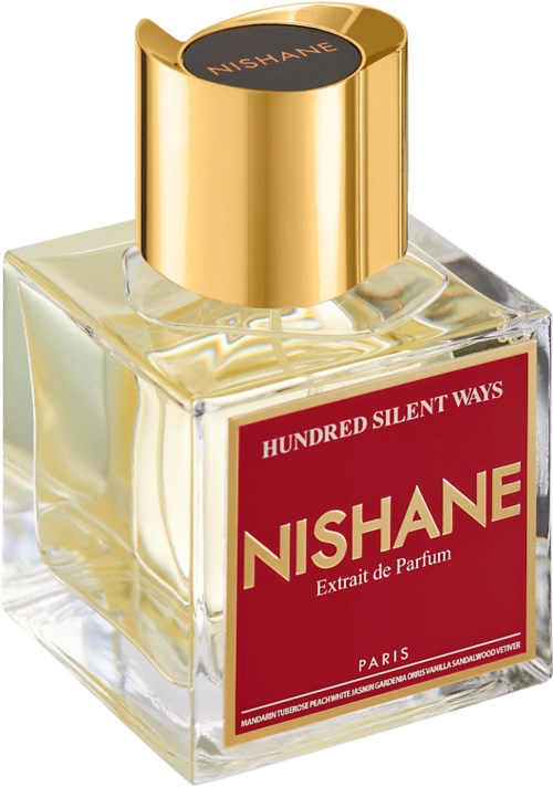 Een parfumfles met goudkleurige dop en rood label, met de tekst "NISHANE" en "HUNDRED SILENT WAYS," Ronde vorm.