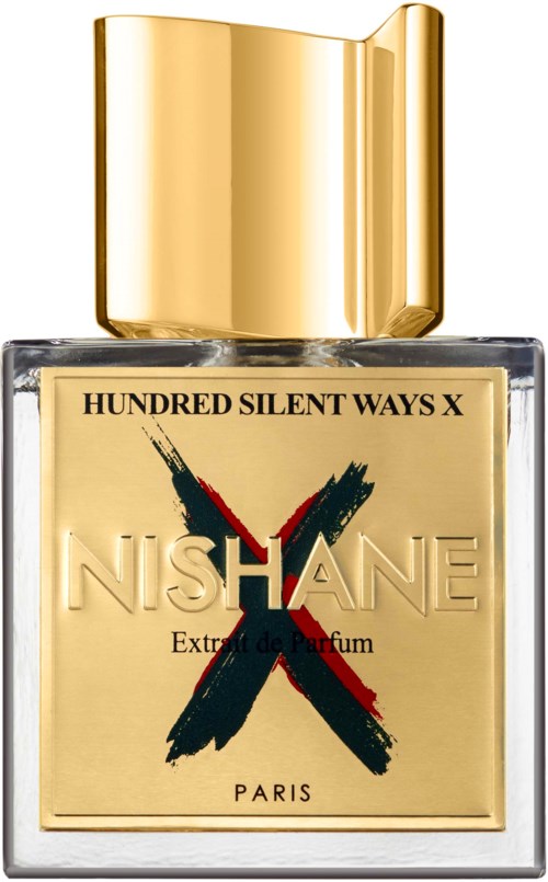 Een parfumfles met een gouden dop, gemarkeerd "NISHANE" en "HUNDRED SILENT WAYS X" in zwarte letters.