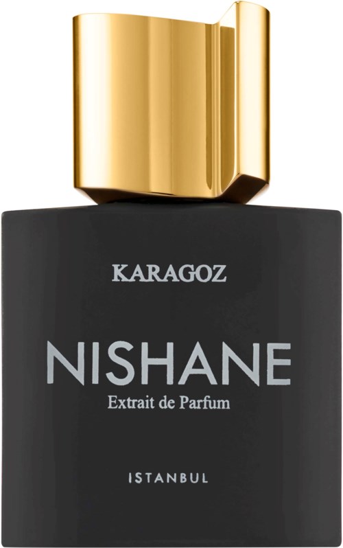 Zwarte parfumfles met gouden dop en witte tekst, gelabeld Nishane en Karagoz, uit Istanbul.