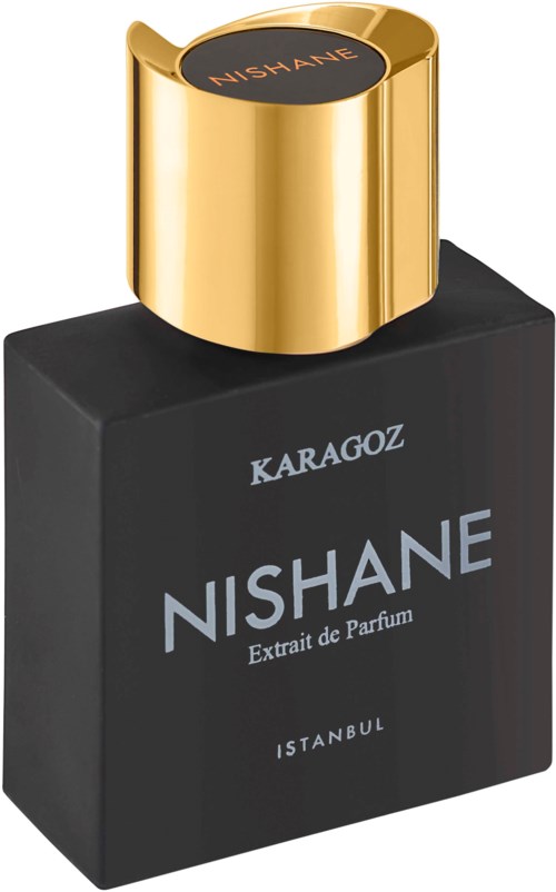 Een zwart parfumflesje met een gouden dop. Het label zegt Nishane, Istanbul, en Nishane Extra de Parfum.