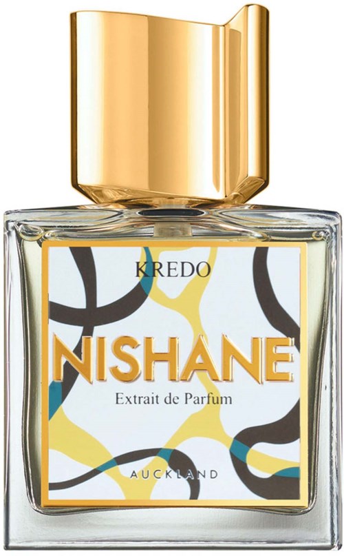 A perfume bottle with a clear glass body, gold cap, and a colorful abstract design on the label.