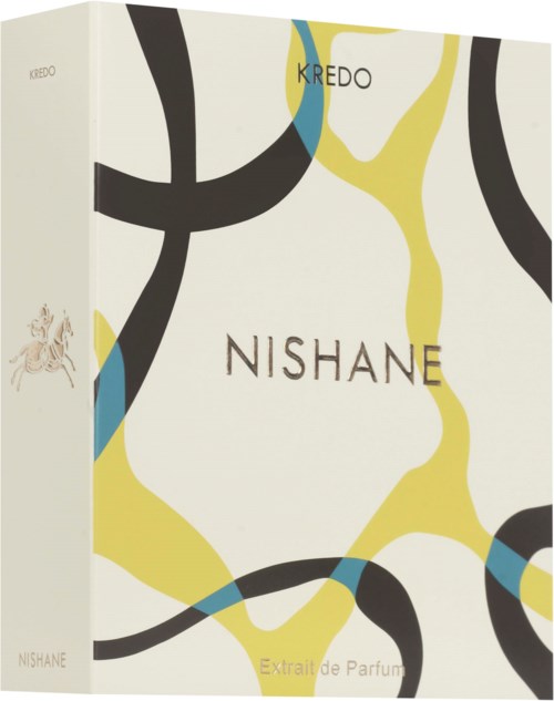 A perfume box with black, blue, and yellow abstract lines and the name Nishane in the center.
