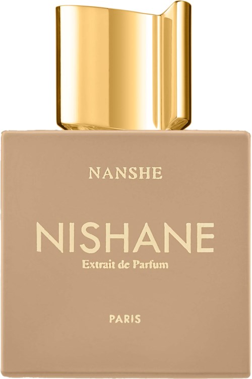 Een parfumfles met een beige lichaam, gouden dop en de woorden 'NISHANE' en 'Extrait de Parfum'.