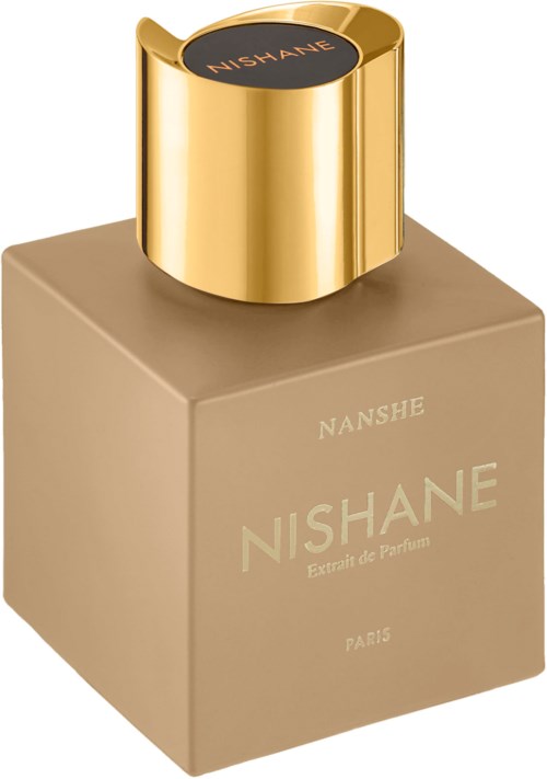Een beige parfumfles met een gouden deksel, gelabeld Nishane Paris, elegant en luxe ontwerp.