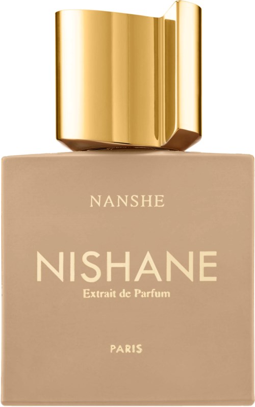 A beige perfume bottle with a shiny gold cap and the words "NISHANE" and "Paris" on it.