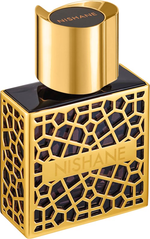 Een parfumfles met een goud en zwart geometrisch ontwerp en een ronde gouden dop, gemerkt 'NISHANE' erin.